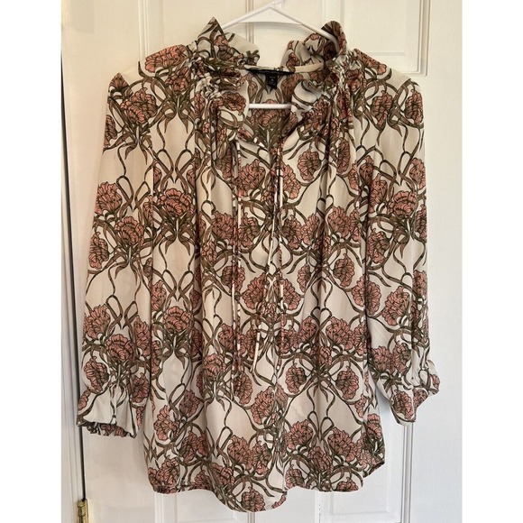 Banana Republic Women’s Pink Green Floral Ruffle 3/4 Sleeve Blouse Small Petite - Picture 1 of 14